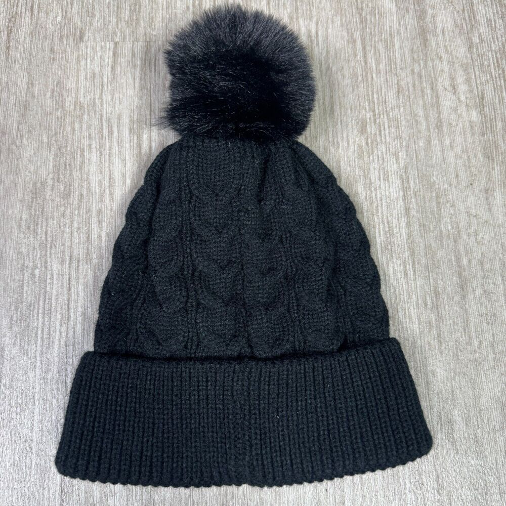 True Religion Women's Black Pom Top Knit Beanie Bejeweled Rhinestone Logo - Picture 2 of 5
